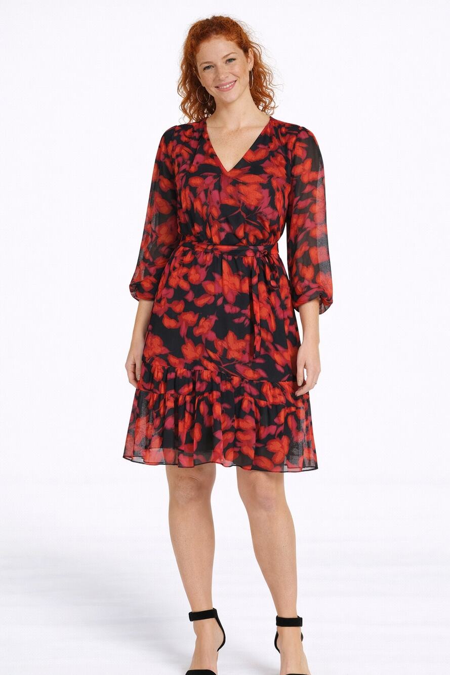 Calvin Klein Womens Floral 3/4 Sleeve V Neck Mini Dress Size Medium Red New